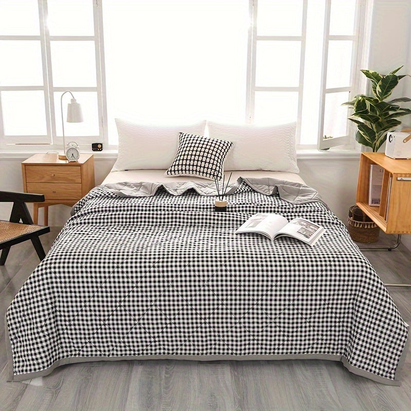 Preppy Style Plaid Zomer Quilt - Ultrasonisch Gewatteerde Lichtgewicht Airconditioning Sprei, Geschikt voor Alle Seizoenen, Polyester Bedsprei