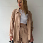 Eve Button Down Shirt & Short Set Met Lange Mouwen