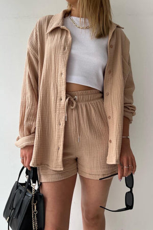 Eve Button Down Shirt & Short Set Met Lange Mouwen