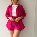 Eve Button Down Shirt & Short Set Met Lange Mouwen