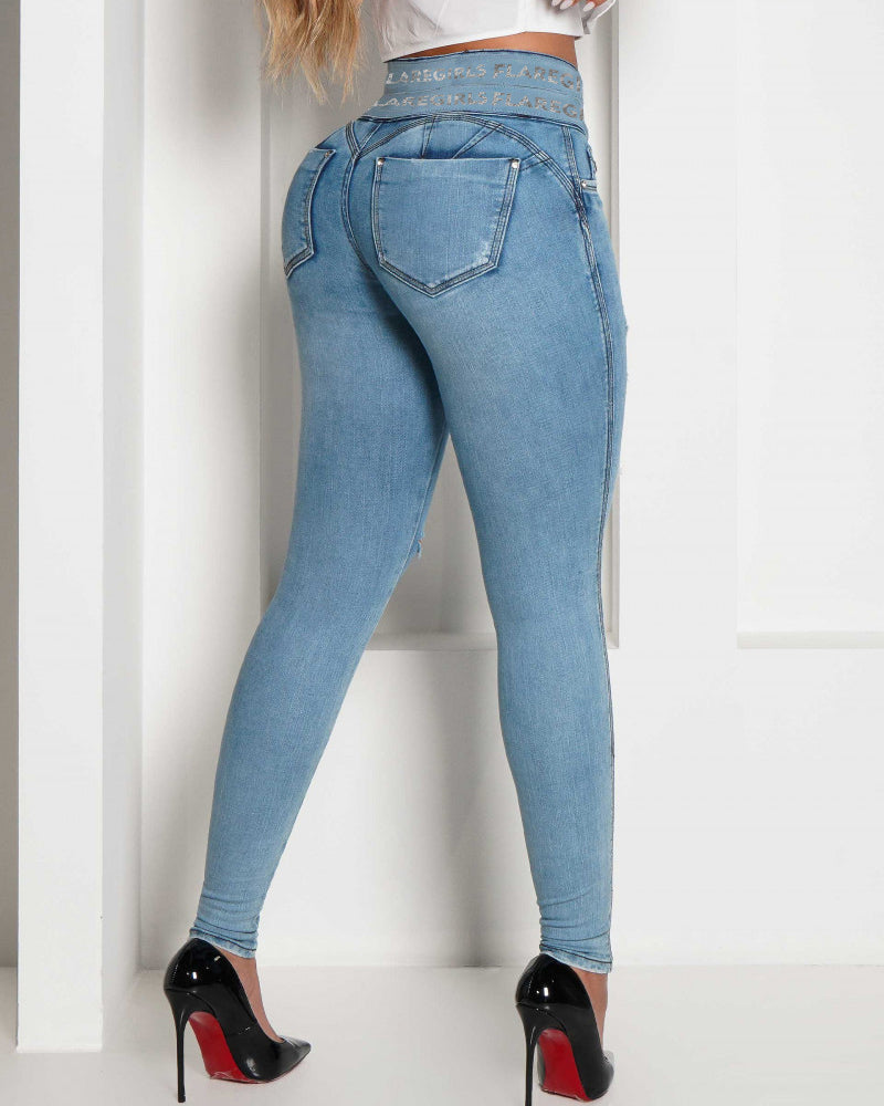 Slim-fit destroyed jeans met hoge taille